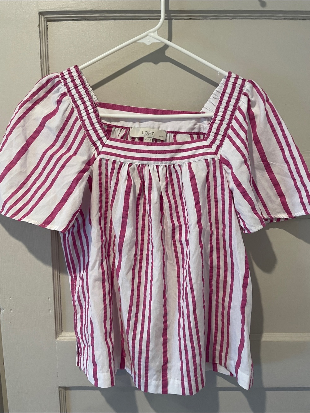 LOFT White Top with Fuchsia Vertical Stripes and Square Neck